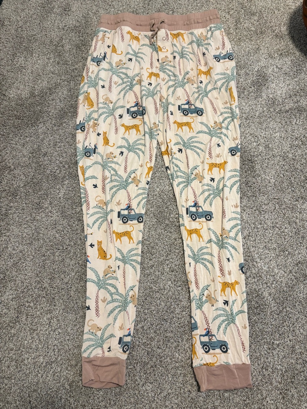 Little Sleepies Cream Safari Print Pajama Pants with Dusty Pink Trim